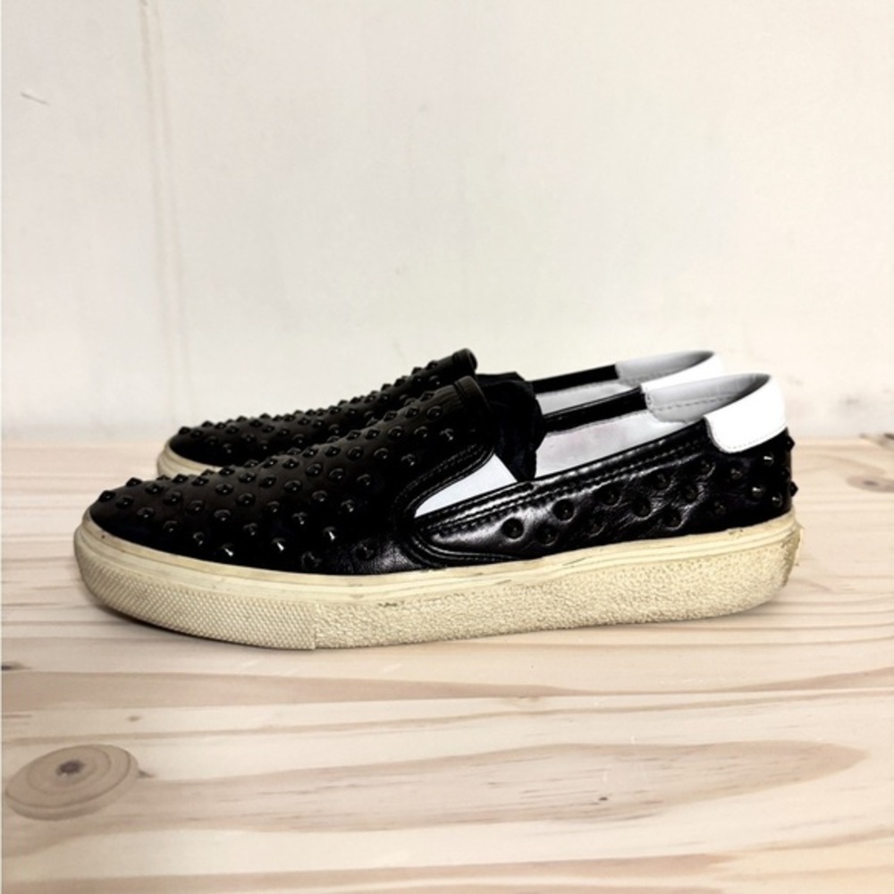 YSL Saint Laurent Paris Studded Slip-On Sneakers Black Leather Espadrille 37.5